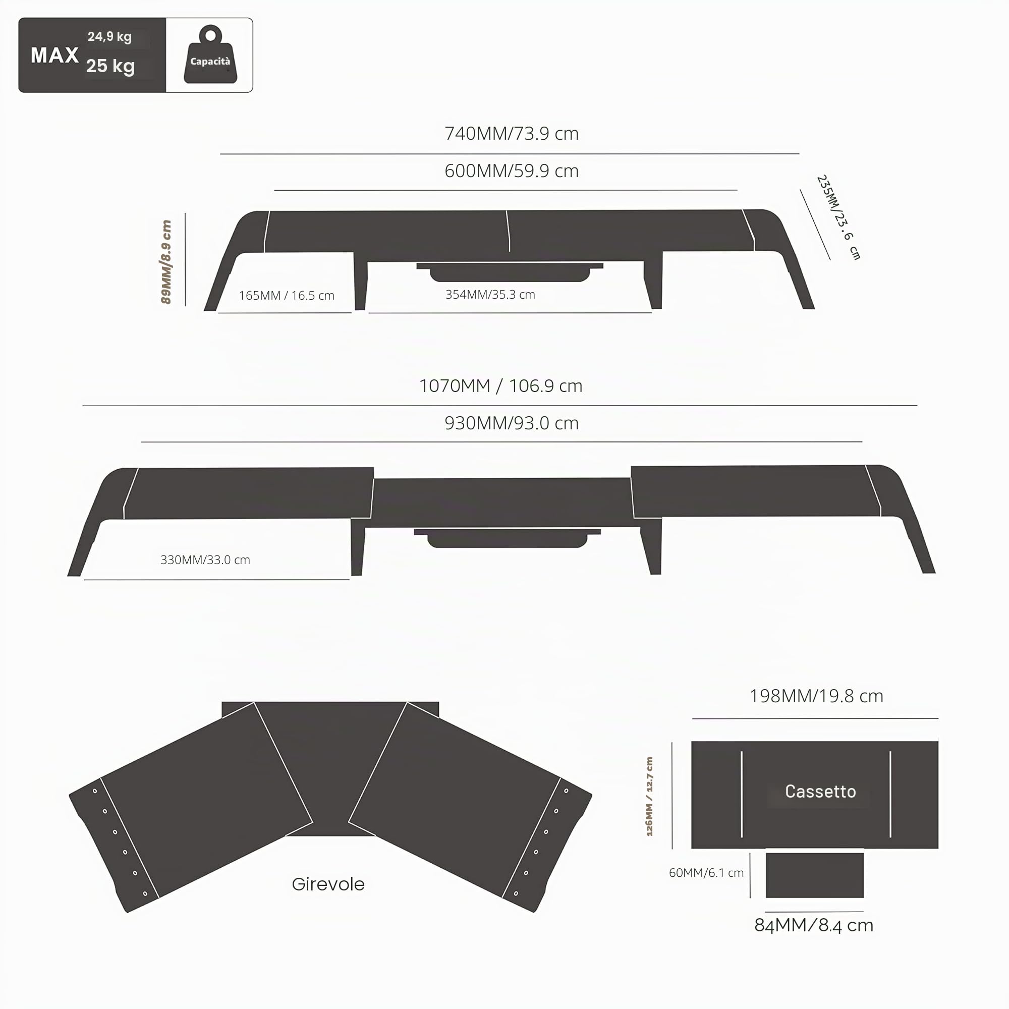 Fenge Supporto Monitor Regolabile in Lunghezza e Angolazione per 2 Monitor Supporto per Monitor in Legno con Cassetto, Scatole Di Stoccaggio Mobili 74-107x 23,5x 8,9cm Nero G04B1102B