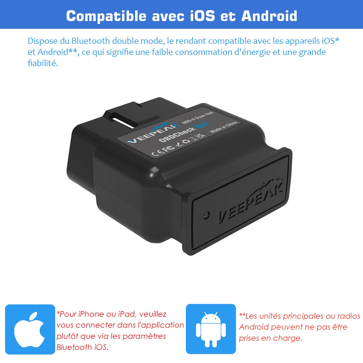 Veepeak OBDCheck BLE Scanner OBD-II Bluetooth – Lecteur de Codes Moteur & Outil de Diagnostic pour iOS et Android