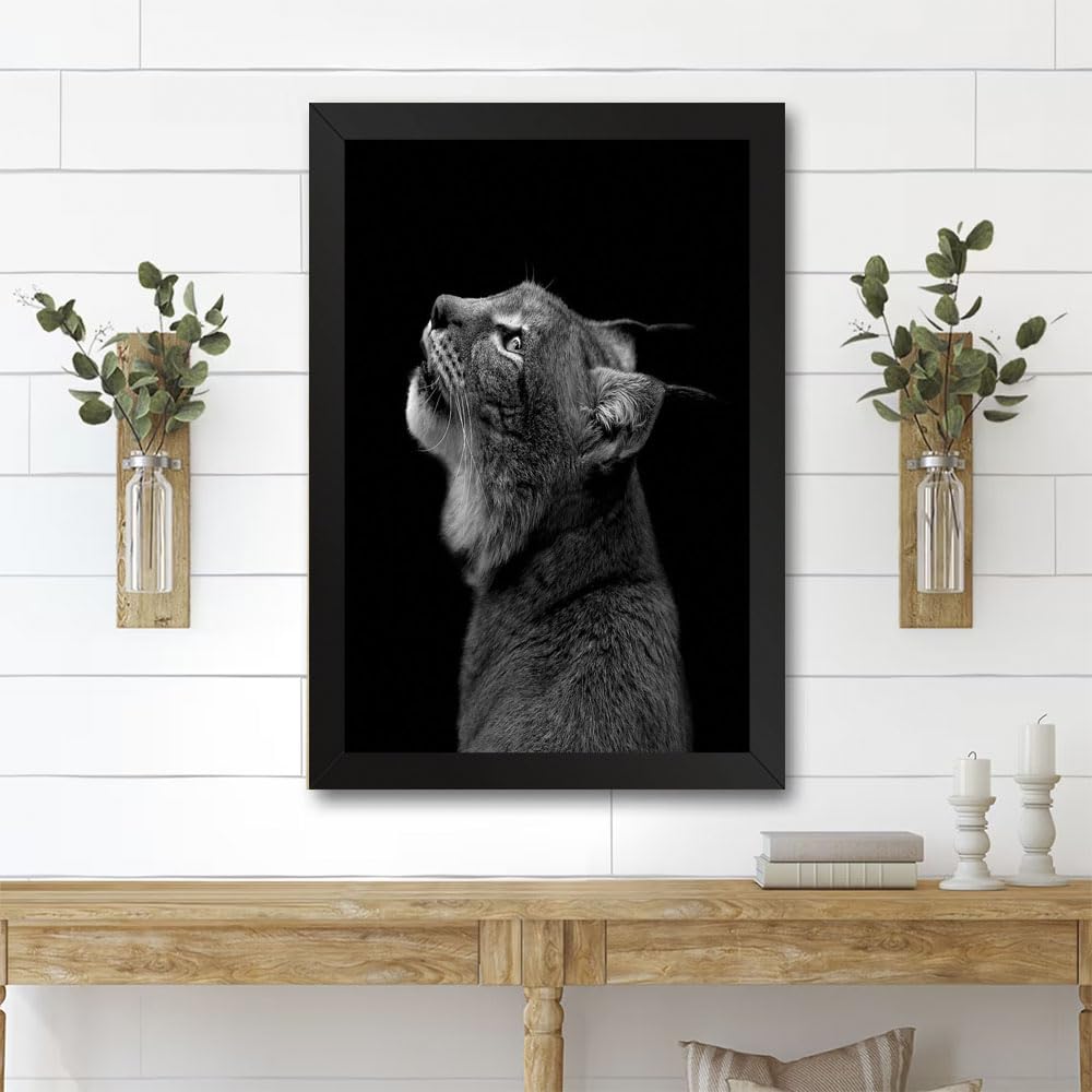 GADGETS WRAP Printed Photo Frame Matte Painting for Home Office Studio Living Room Decoration (11x14inch Black Framed) - Portrait Of Lynx In Black And White
