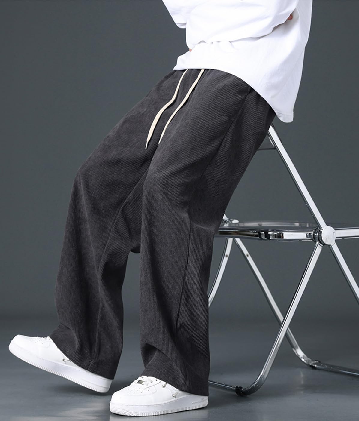 Men's Corduroy Pants Elastic Waist Drawstring Baggy Pants Fashion Loose Casual Long Trousers with Pockets - Image 4