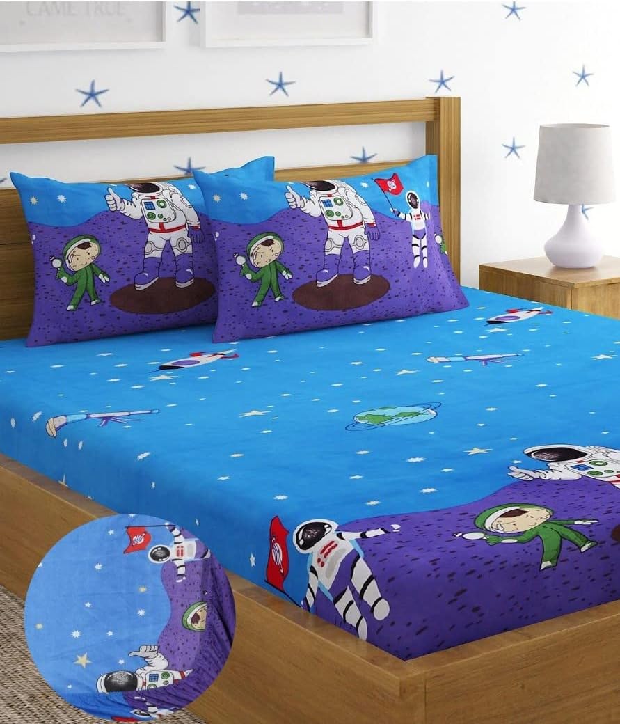 Home Sizzler 144 TC Microfibre Kids Space Elastic Fitted Double Bedsheet (72X78 inch) with 2 King Size Pillow Covers