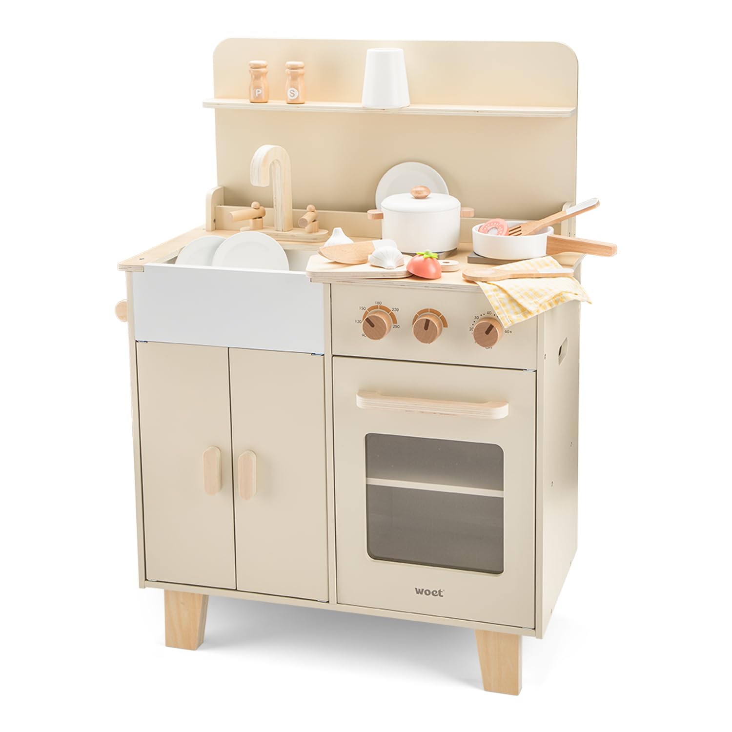 Woet® Cuisine Jouet Beige en Bois pour Enfants - avec Four, Évier et Accessoires - Set de Cuisine d’Imitation - À Partir de 3 Ans (Beige)