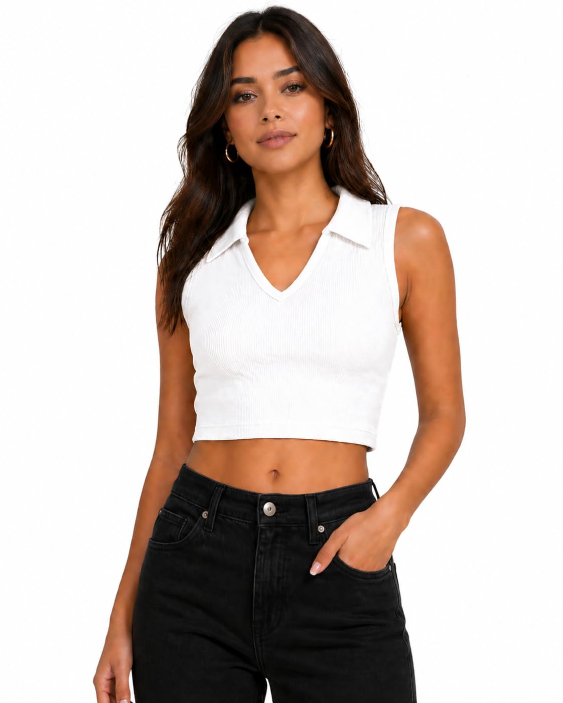 sugarcanne Women's Ribbed Sleeveless Crop Top, V-Neck with Collar, Stretchy Fitted Tank, Hot Pink, Casual Style-picture-41