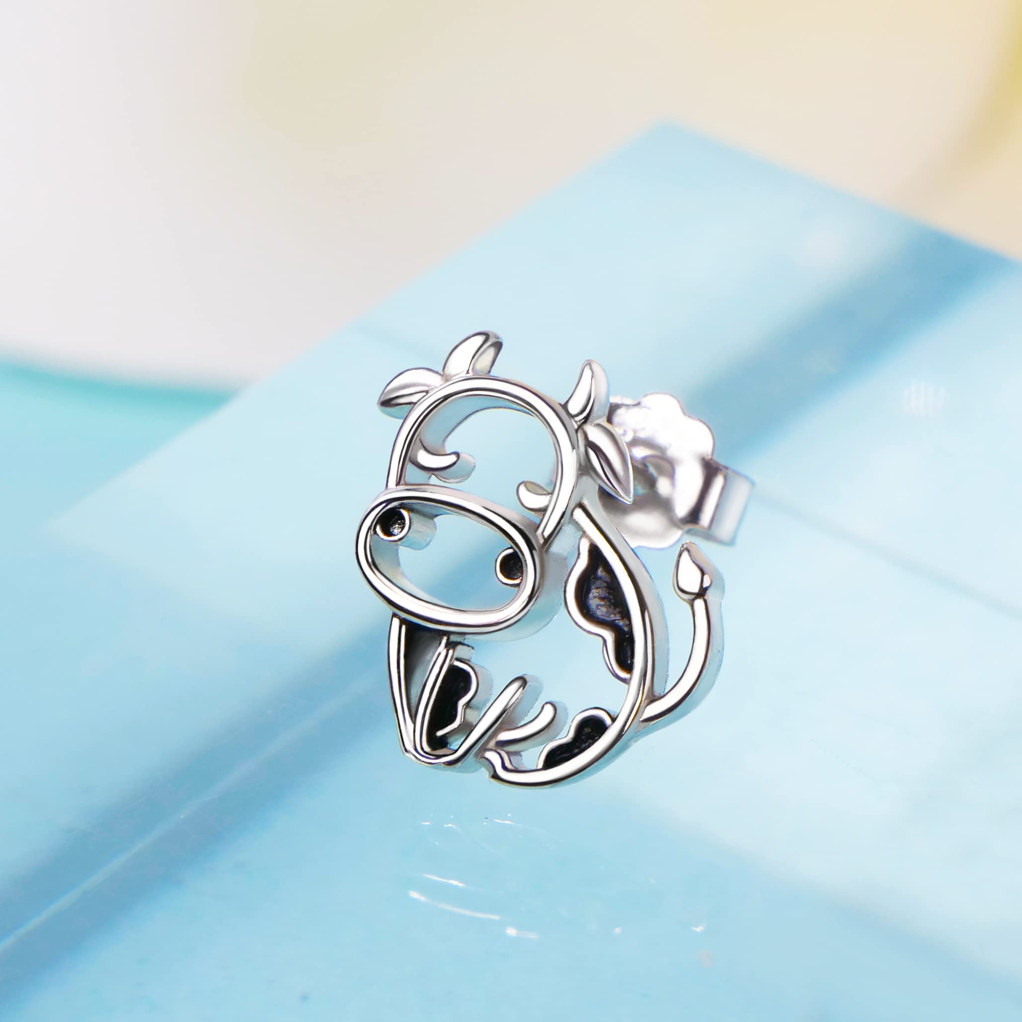 Pendientes de vaca/conejo/tigre, plata de ley 925, gato/mapache, joyas de animales, regalos para el día de la madre para mujer, 0.81 Zoll x 0.76 Zoll, Plata de ley