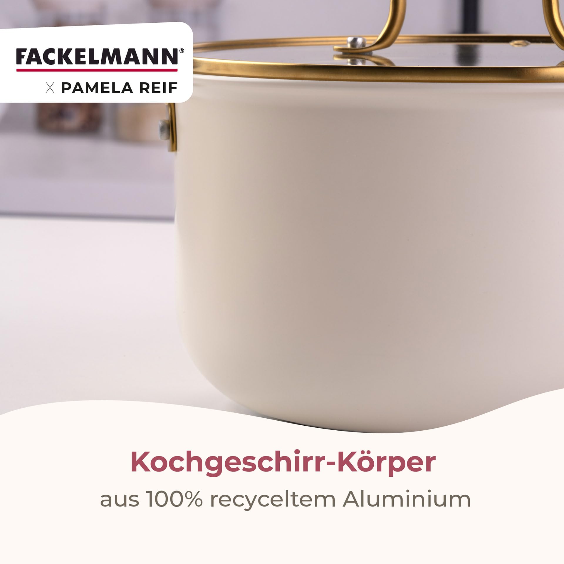 Fackelmann x Pamela Reif Kochtopf-Set 9-tlg. – Recyceltes Aluminium, Pastell Beige, inkl. Glasdeckel, PFAS-freie Keramikbeschichtung, Induktionsgeeignet