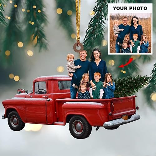Miniatura 3 de Adorno de foto personalizable, adorno de mica con foto personalizada, adorno de Navidad familiar, camión rojo familiar con foto personalizada,