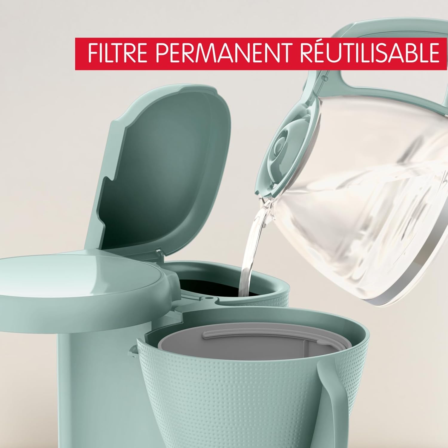 Moulinex Przelewowy ekspres do kawy, 10-15 filiżanek, 1,25 l, obrotowy uchwyt filtra, system zapobiegający kapaniu, utrzymywanie ciepła, Morning, eukaliptus, FG2M1310