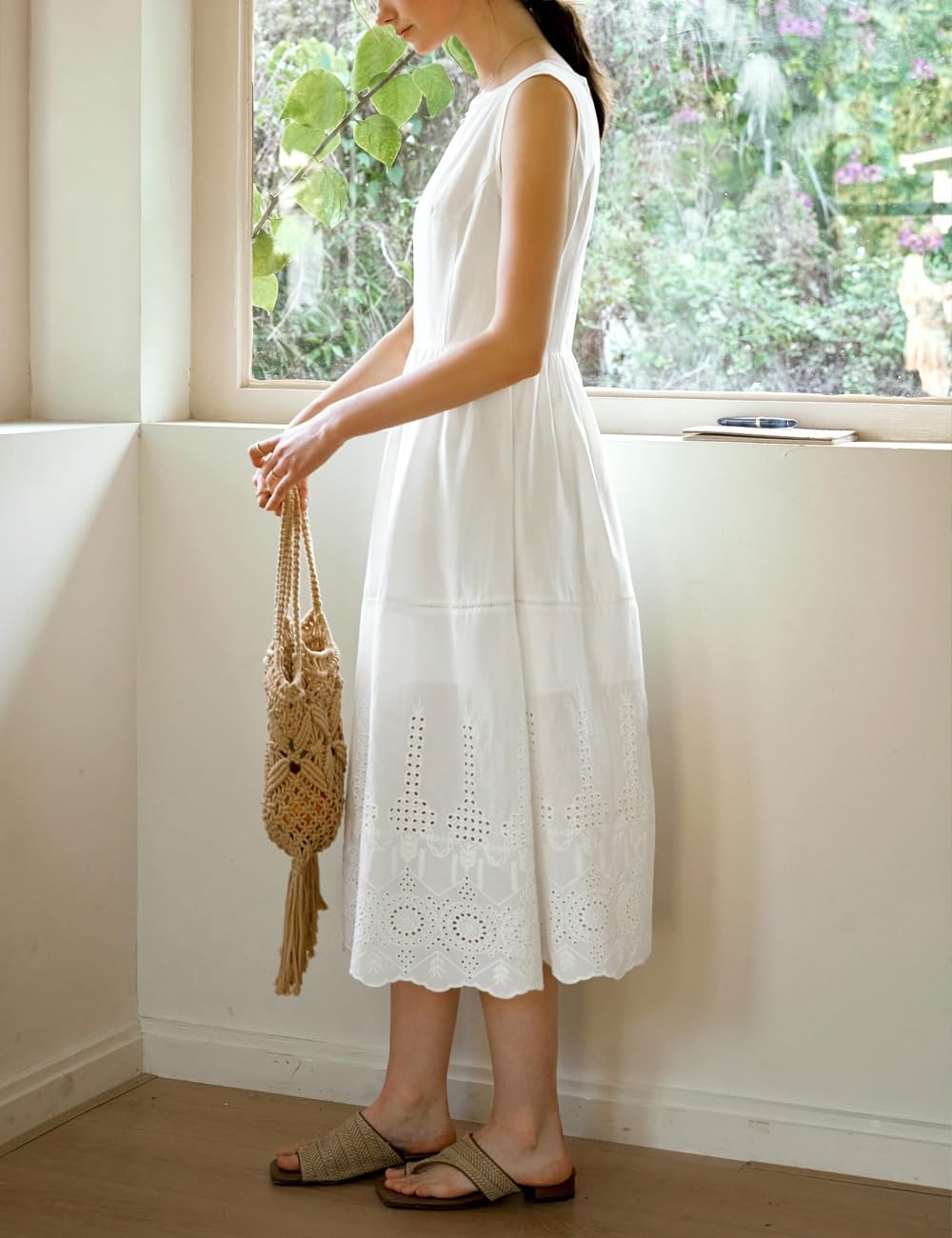 Women's White Bohemian Midi Dress, Sleeveless Embroidered Eyelet Lace Summer Casual Long Dress - Image 3