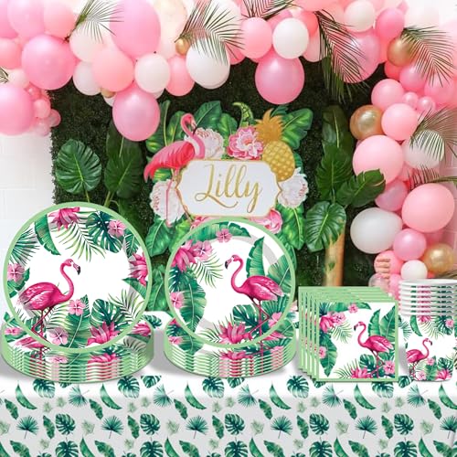 Sunshine smile Partygeschirr Flamingo,50 Stück Partygeschirr Hawaii,Geburtstagsdeko Flamingo,Deko Geburtstag Hawaii,Pappbecher Servietten Strohhalme Pappteller