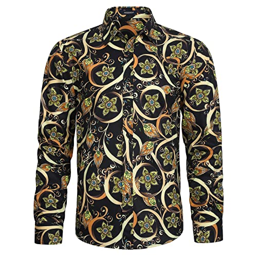 HISDERN Men's Floral Printed Shirt Long Sleeve Button Down Party Casual Fancy Floral Shirts S Black/Gold