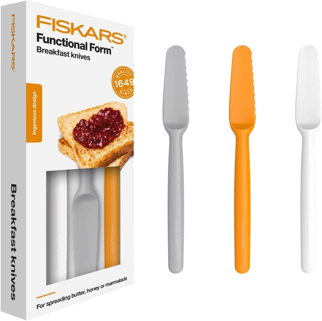 Fiskars Breakfast Knives, Set of 3, Synthetic Material, White/Orange/Grey, Functional Form, 1016121