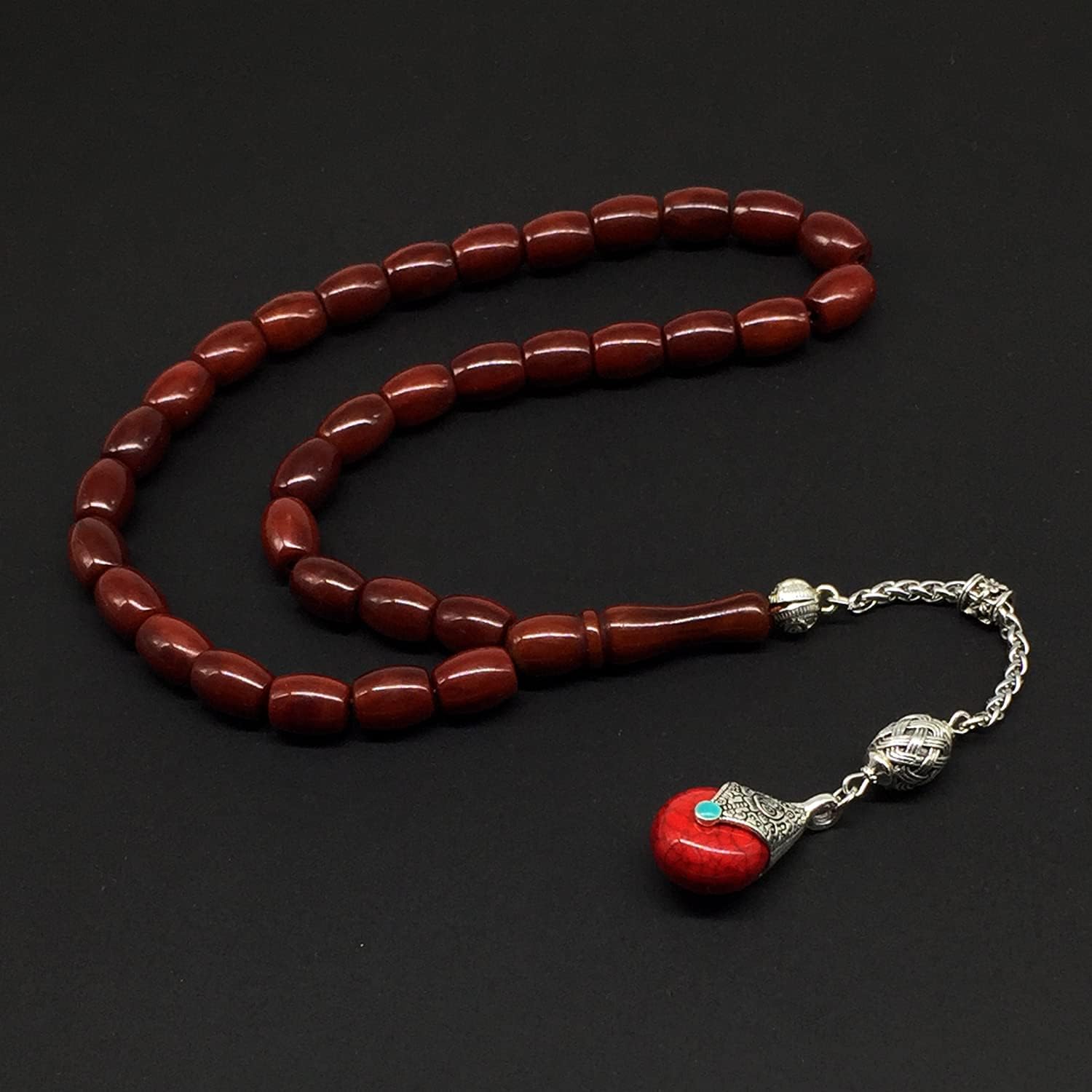 -FIRE Amber Collection- Prayer Beads-Worry Beads-Tesbih-Tasbih-Misbaha-Masbaha-Rosary (Burgundy Wavy -11x8 mm-33- Bakelite Beads)