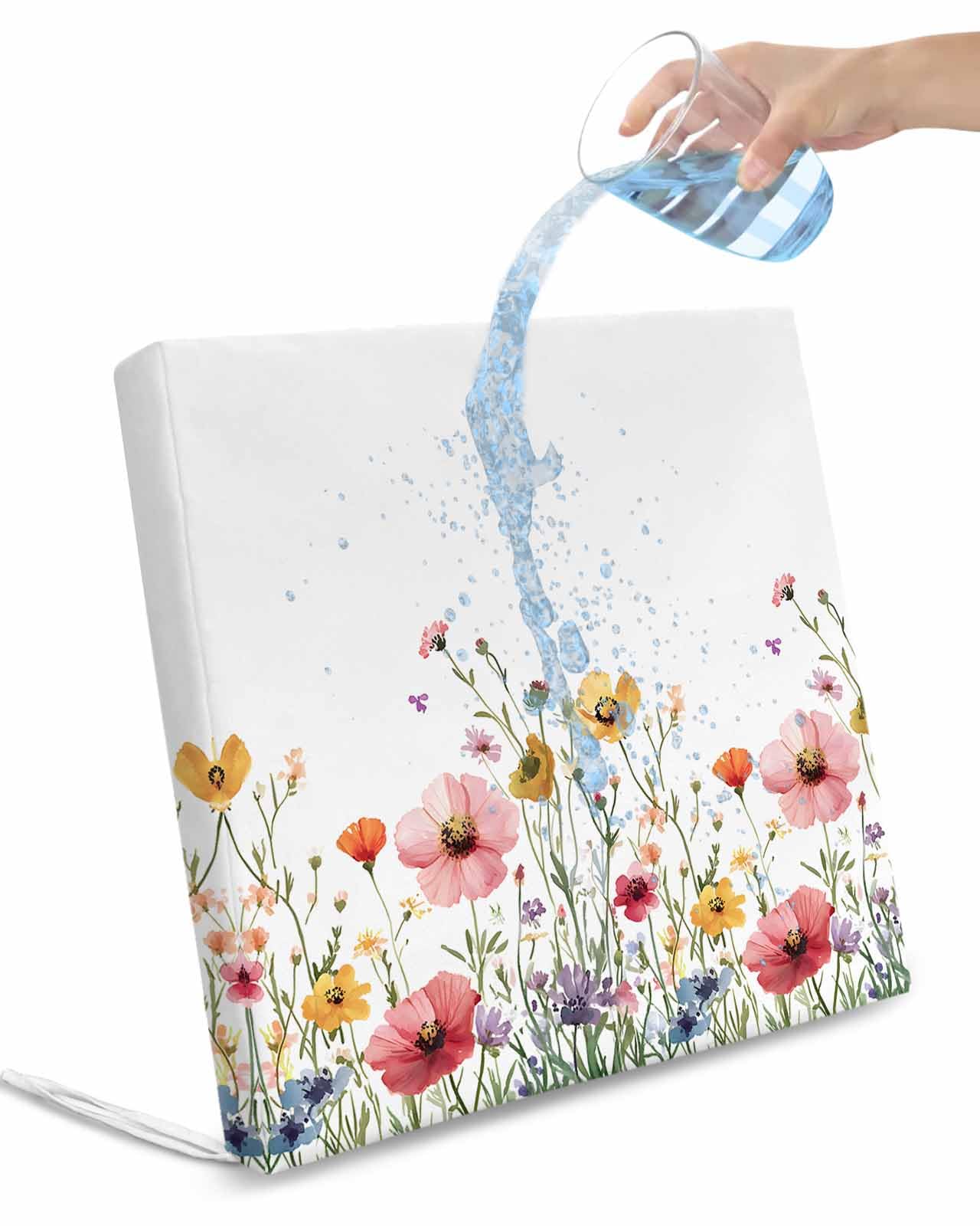 2 Pack Colorful Flowers Waterproof Cushion Covers with Ties, Outdoor Patio Chaise Lounge Chair Seat Cushion Slip Covers Replacement(Only Cover) Spring Botanical Watercolor Wildflowers 24