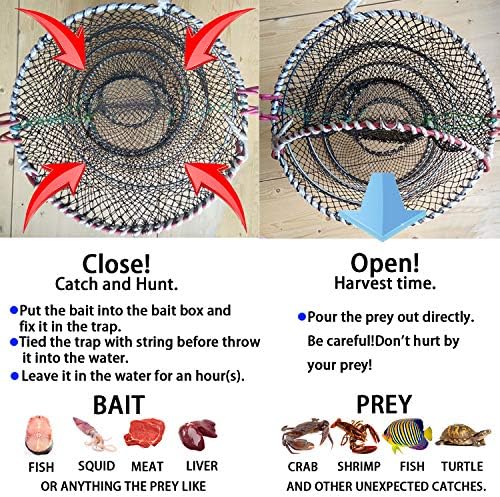 CHYGER Crab Trap Fishing Net Bait Traps Fishing Accessories Line Lobster Shrimp Cage Bait Case Portable Folded 2 Pack