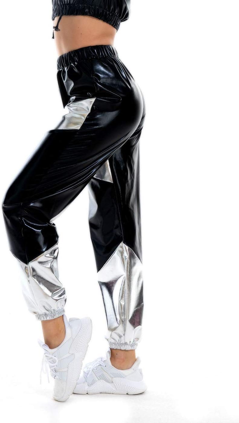 SIAEAMRG High Waisted Cargo Pants for Women, Shiny Metallic Wet Look Stretchy Jogger Pants Holographic Sweatpant Hip Hop Club Wear (Balck/Silver, XL)