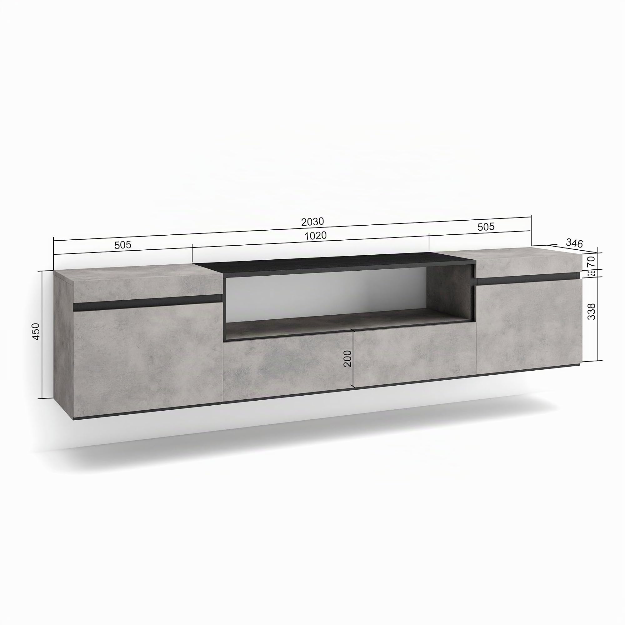 Skraut Home | Mueble TV | Televisión | Muebles de salón, almacenaje | 200x45x35cm | para TV hasta 80" | Colgado, Suspendido | Estilo Moderno | Cemento