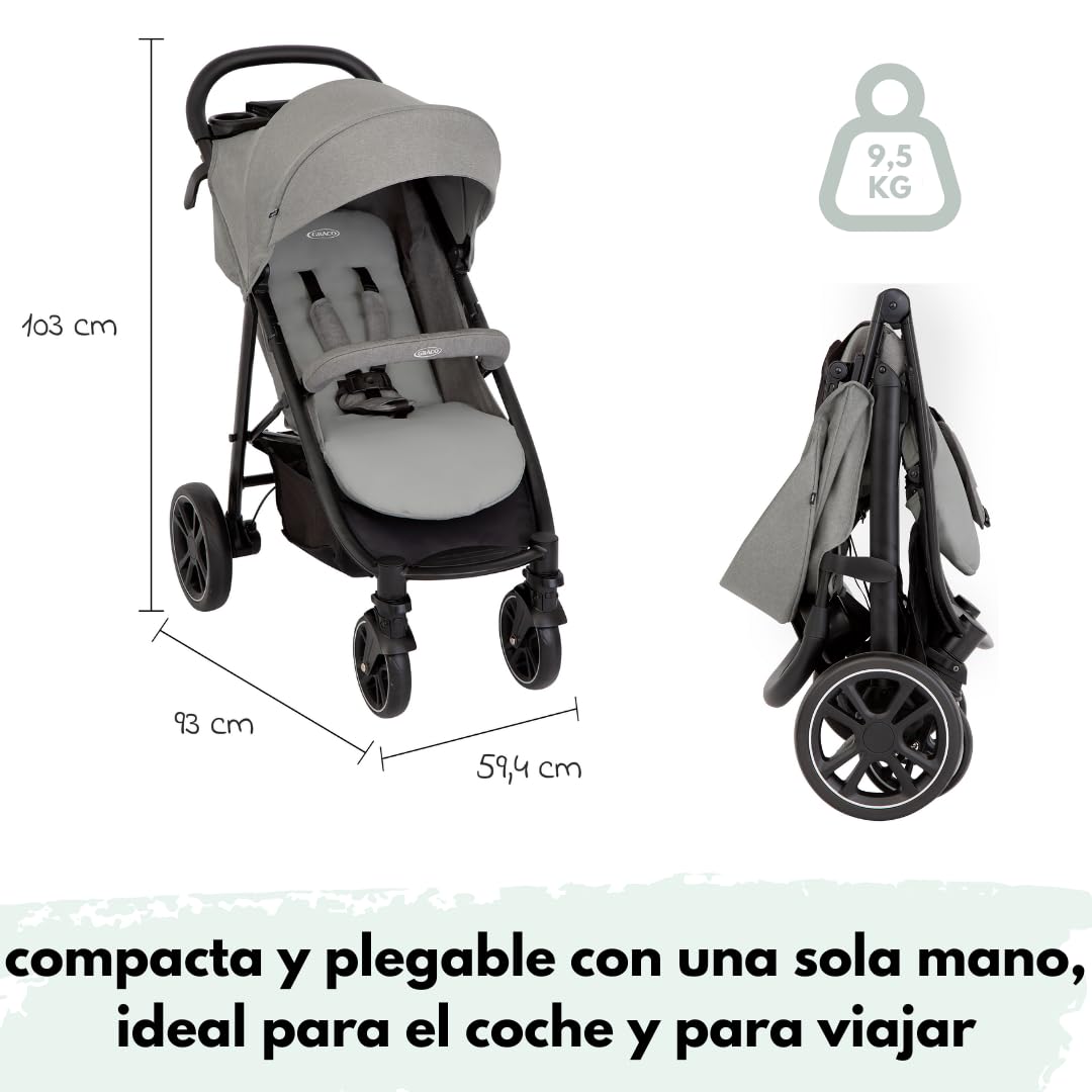 Graco EezeFold DLX Buggy Carrito Bebé Ligero de Viaje | Silla de Paseo con Plegado a una Mano - Suspensión en 4 Ruedas - Reclinado Total y Cesta Grande - Gris Lunar