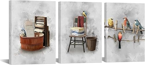 Biuteawal Decoración de pared vintage para cuarto de servicio, pintura de pájaros, estilo antiguo, lavabo, cuadro para el hogar, baño, pósteres de