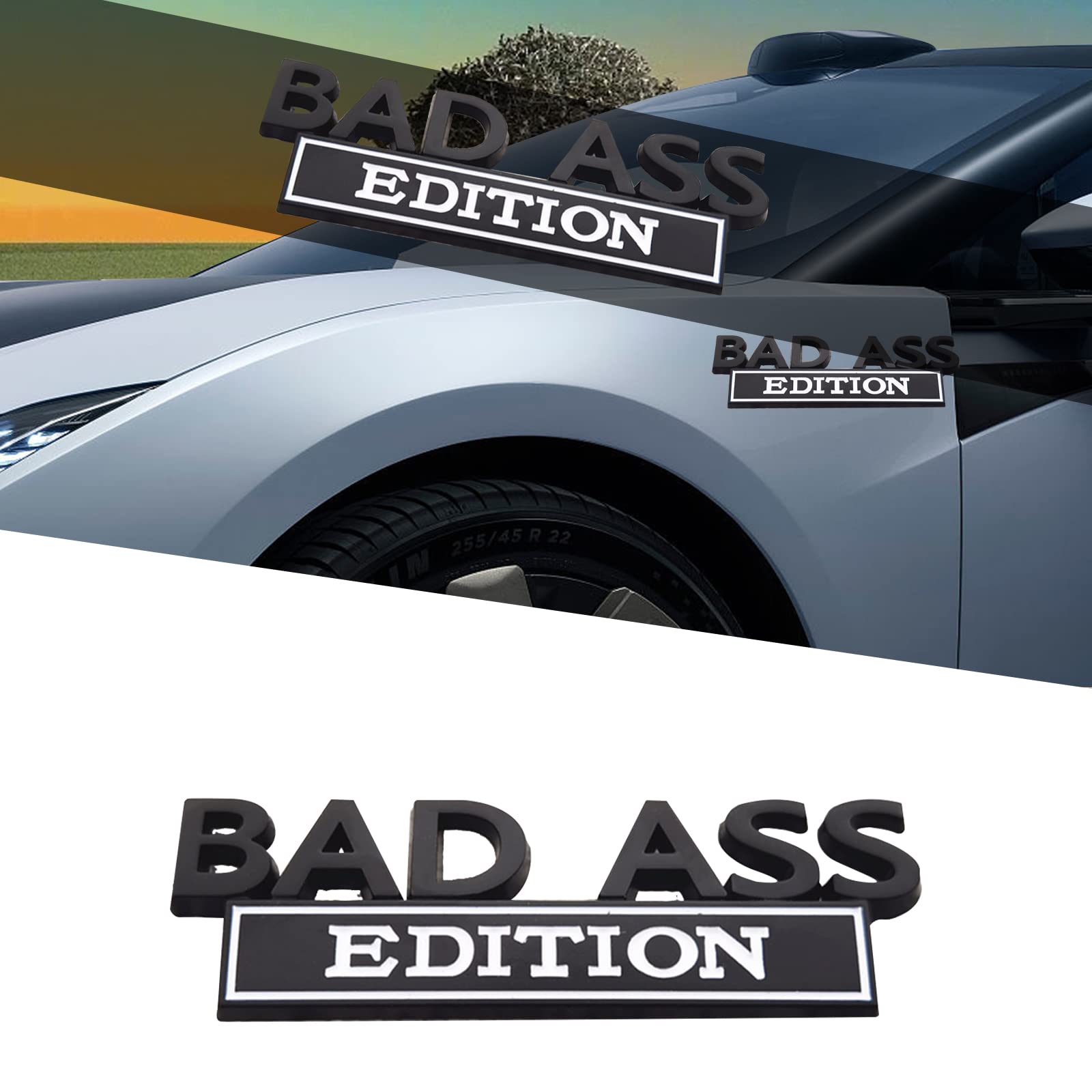 3D Metal Emblem Decal,Bad Ass Edition Emblem,Car Decoration Decal,Car Badge for Bumper,Universal Car Emblem Logo,Car Side Fender Rear Trunk Emblem(Black+White,1PC)