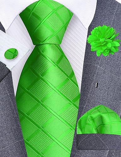 Image of GUSLESON 3.15 inch(8cm) Mens Tie and Lapel Pin Plaid Checkered Necktie Hankerchief Cufflinks Set for Men