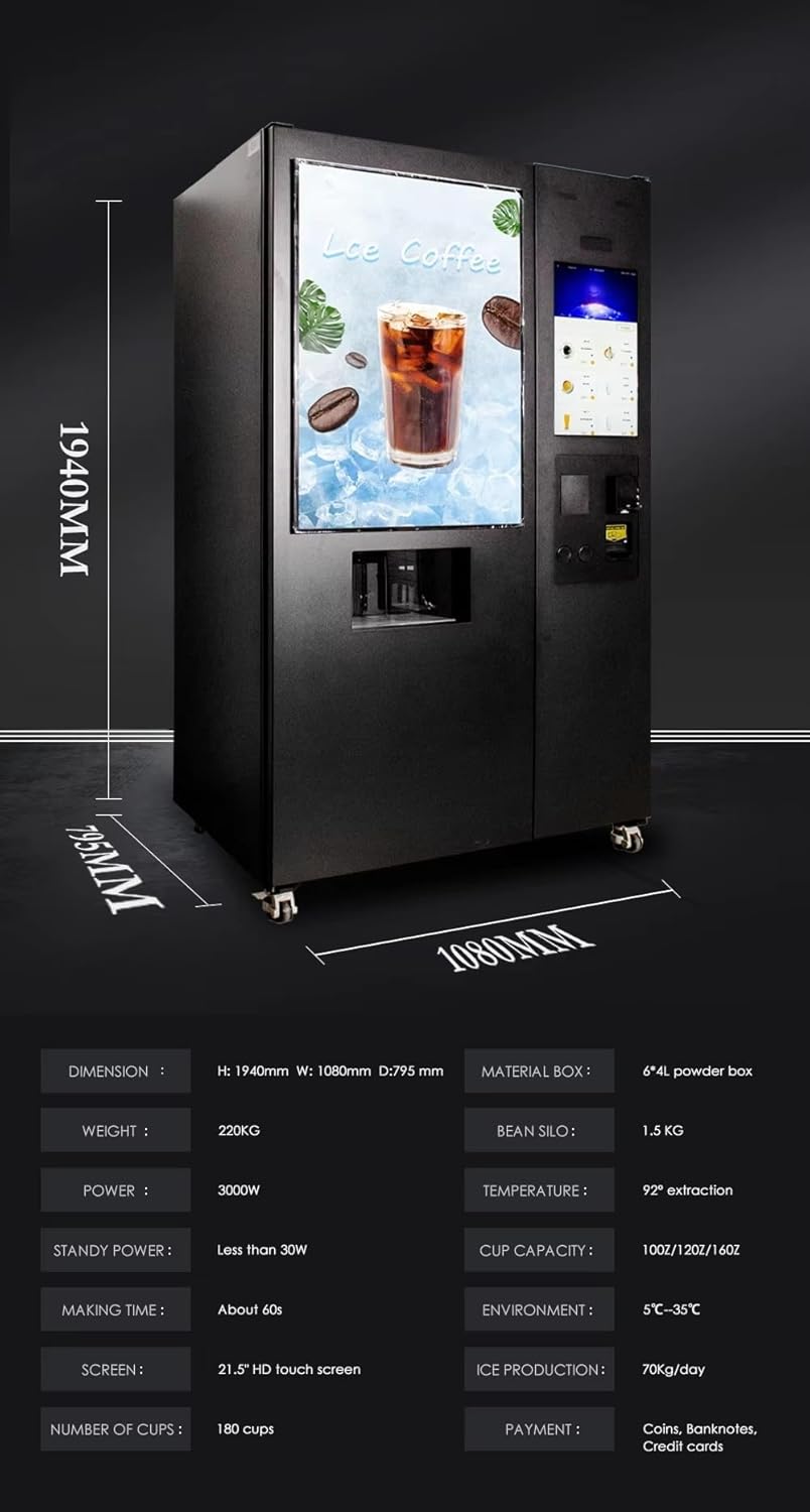 Smart Touchscreen Coffee Vending Machine - Self-Service with Coin/QR Code Payment, 20+ Fresh Ground Flavors, Lattes & Cappuccinos - Ideal for Offices & Public Spaces