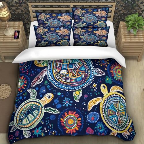 Housse de couette tortue 3D avec fermeture éclair cachée et taies d'oreiller