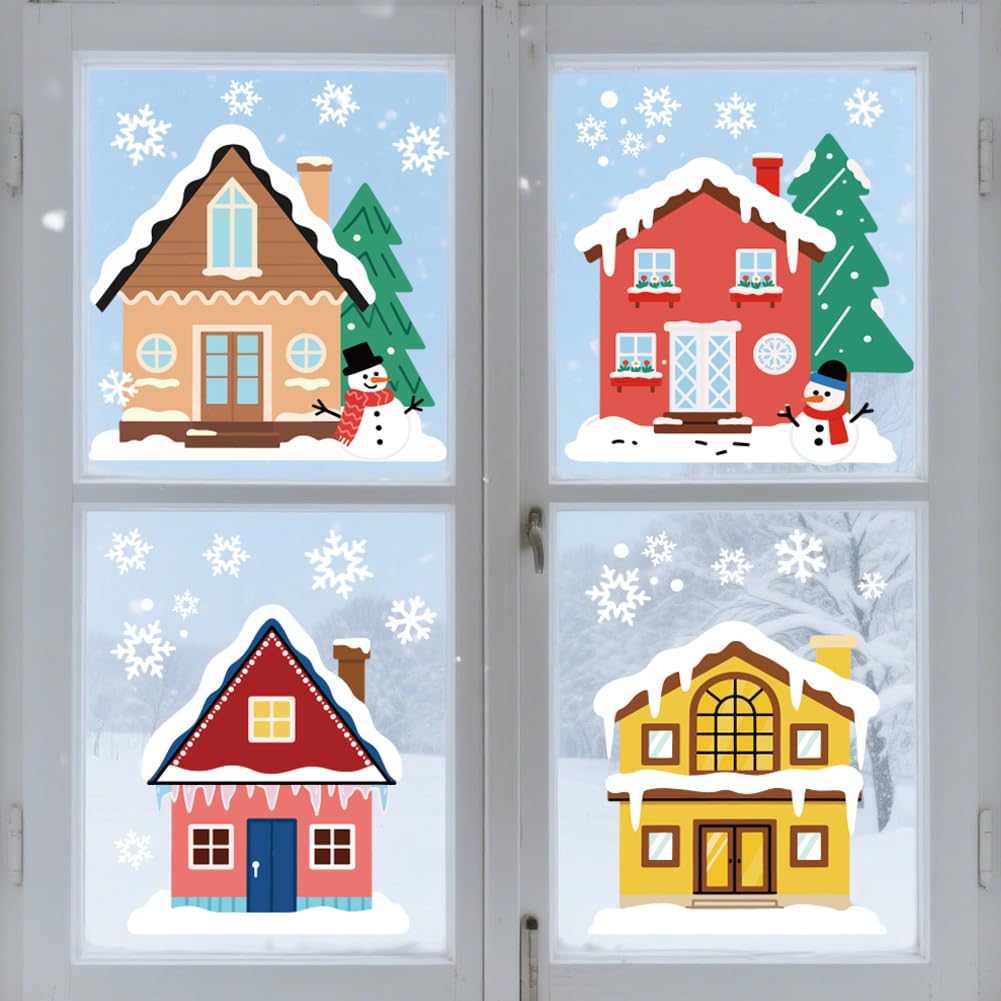 Peacoblue Window Static Cling Decal Sticker Double-Sided for Large Glass Car Windows, 1 Sheet Winter Cottage 47.2"x11.8" Waterproof Removable Window Decal for Home Office Classroom Decoration