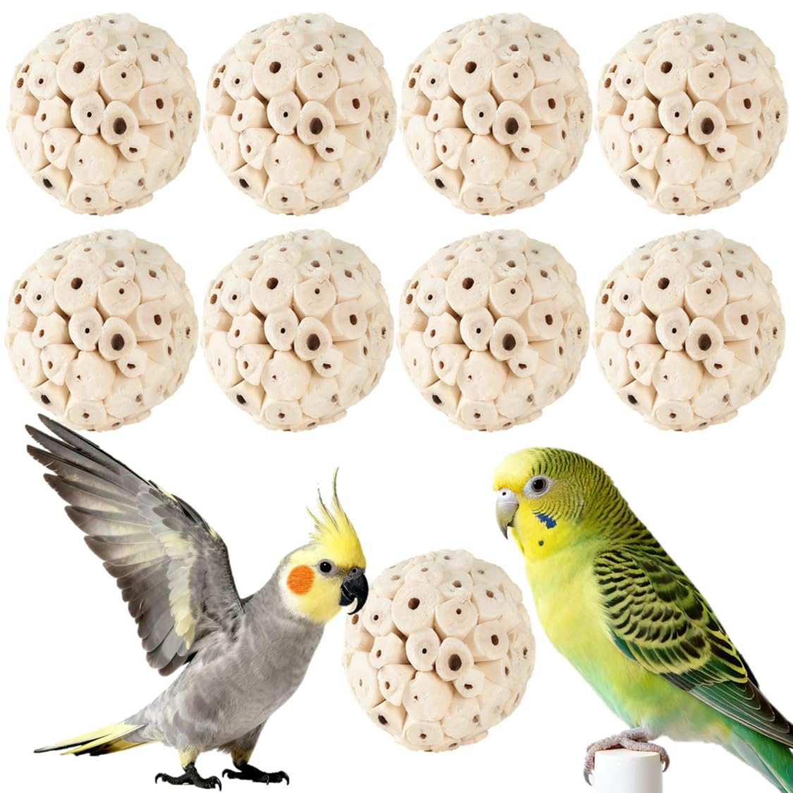 PINEPOP Bird Toys - 9Pcs 1.6" Natural Sola Balls, Cage Enrichment | Chewing and Shredding Parrot Toys | Ideal for Parakeets/Cockatiels/Conures/Lovebirds and Small to Medium Birds