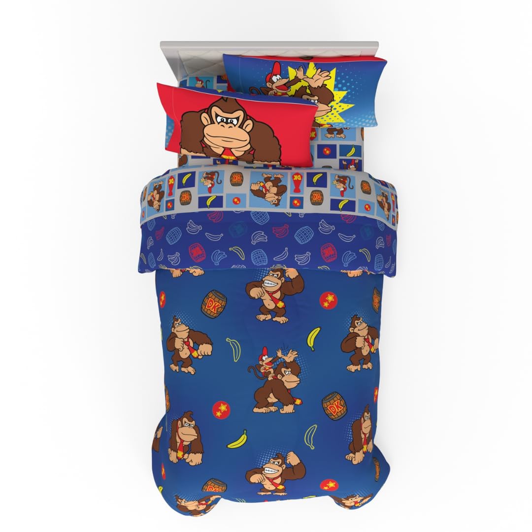 Collectibles Nintendo Donkey Kong Gaming Bedding 5 Piece Super Soft Reversible Comforter and Sheet Set with Sham, Twin, (Officially Licensed Product)