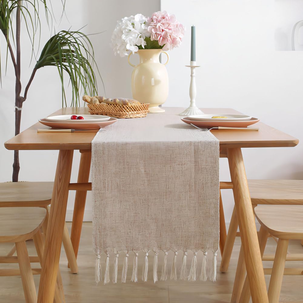 Table Runner, Rustic Linen Table Runner with Handmade Tassel Boho Woven Dining Table Decor for Party Wedding Dining Table