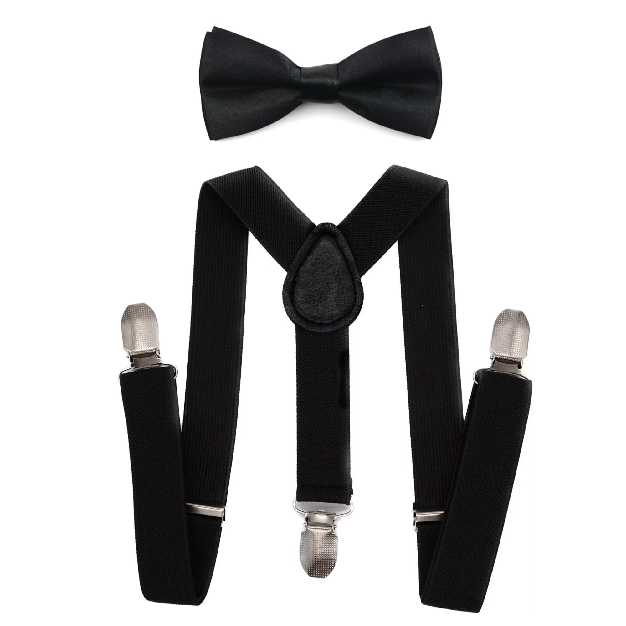 WannGe Child Kids Suspenders - 1" Adjustable Y-Back Suspender and Bowtie for Boys & Girls - Black