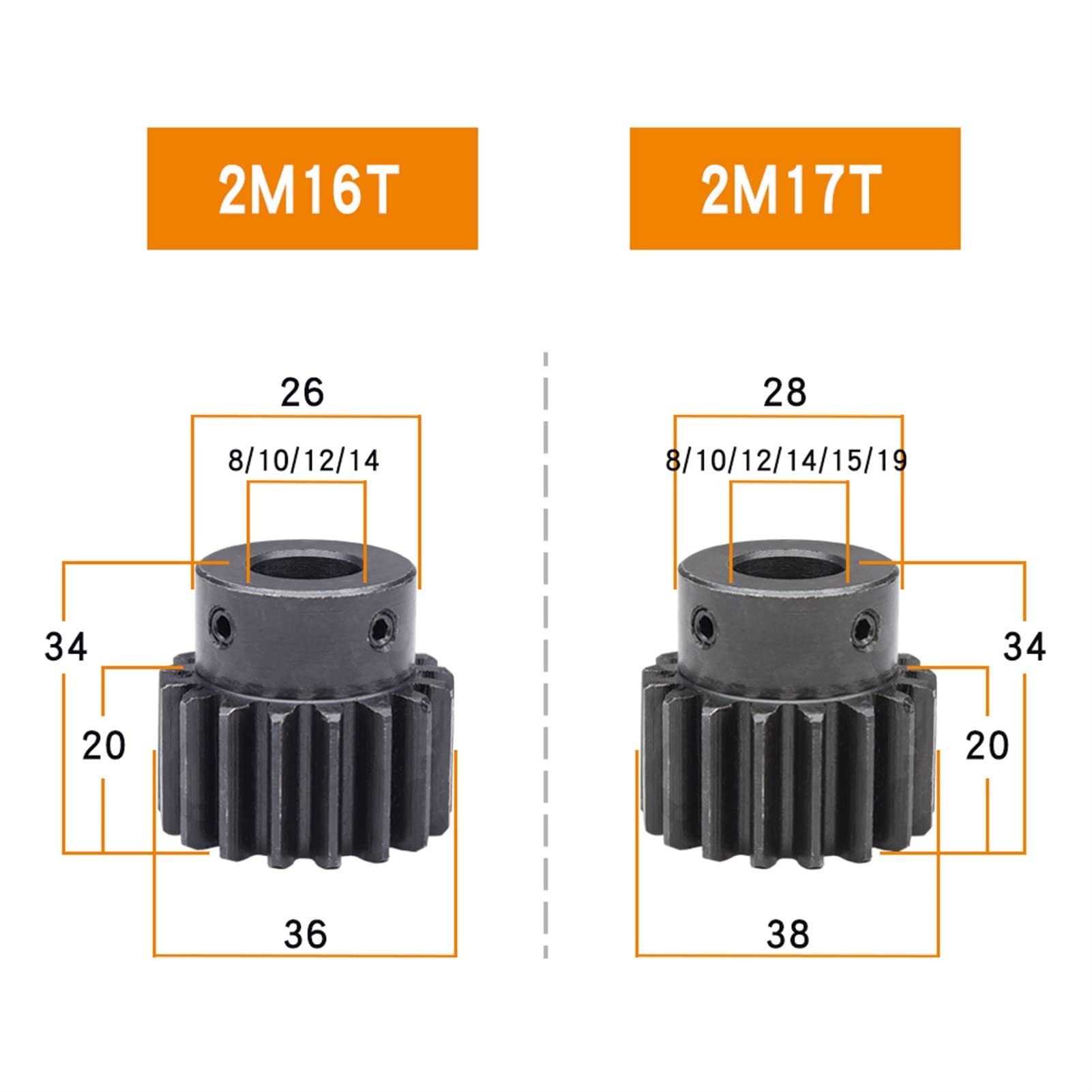 Zahnradsatz, Ritzel, 1 Stück, 2M, 16 Zähne, 17 Zähne, Stirnrad, 8 mm, 19 mm Bohrung, 2 Module, 16 Zähne, 17 Zähne, Ritzel, Schwärzung, 45 Kohlenstoffstahl, Getriebezahnräder, Bohrung, Welle(2M 16T Bor