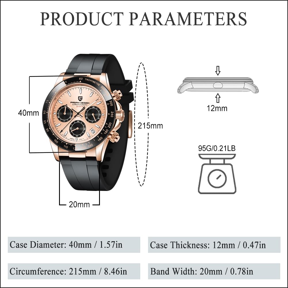 CEYADG Pagani Design Watches for Men Daytona Homage Quartz Chronograph Watch Japan VK63 Movement Ceramic Bezel Screw Down Crown Waterproof Sport Rubber Strap Mens Watches