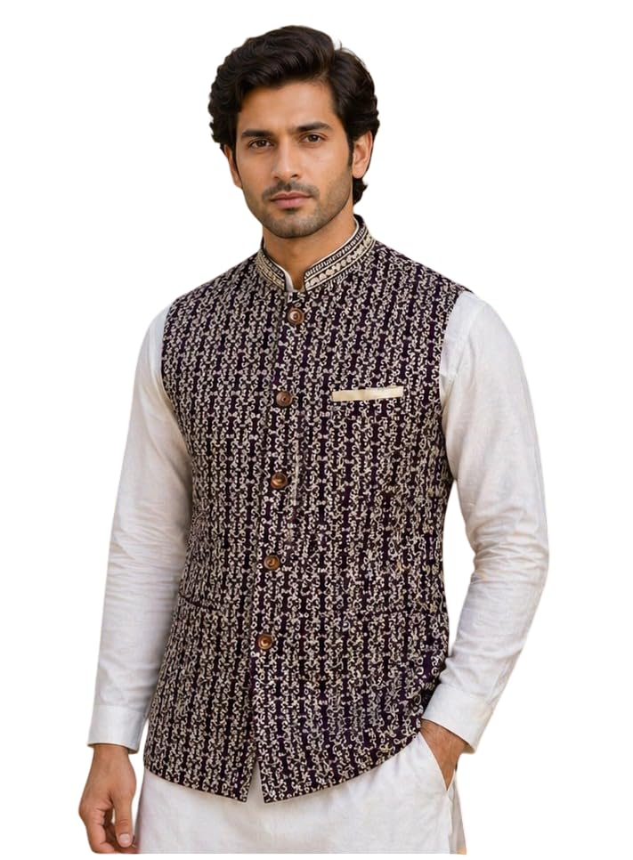 risani MEN 'S Premium Cotton Nehru Jacket | Ethnic Waistcoat for Wedding Stylish Waistcoat for Kurta Maroon with Golden embroidery design-picture-14