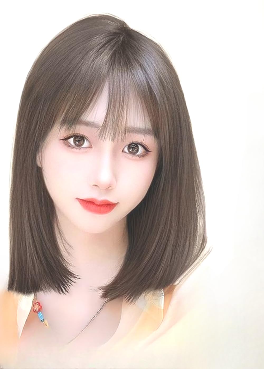 3.1×4.7inch Clip in Toppers Long Straight Hair One-piece Seamless Human Hair Top Hairpiece for Women Daily Life (Dark brown,25cm bangs)