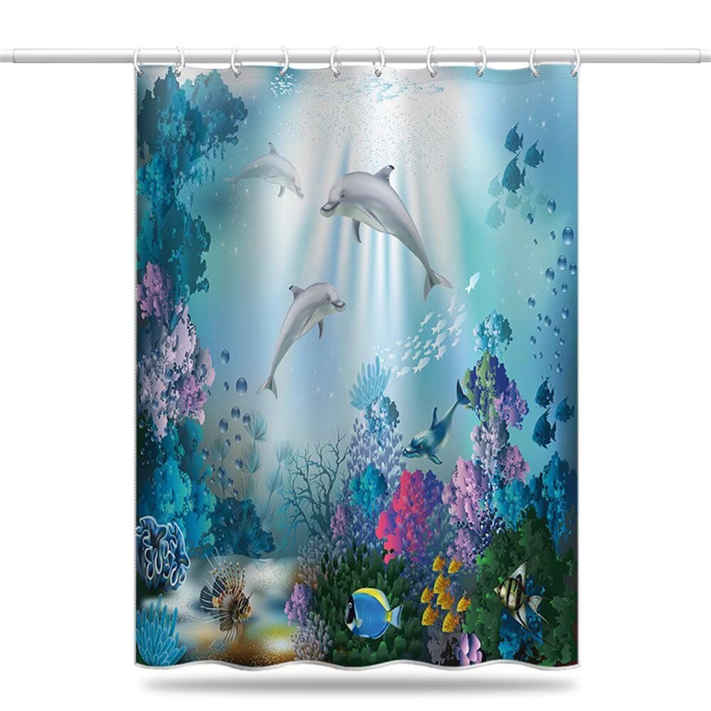 Shower Curtain Dolphin Mould & Mildew Resistant Underwater Coral Shower Curtains for Bathroom 120cm x 180cm Drop, Waterproof Polyester Bath Curtain with Hooks and Weighted Hem 47 x 71 Inch (LB1887)