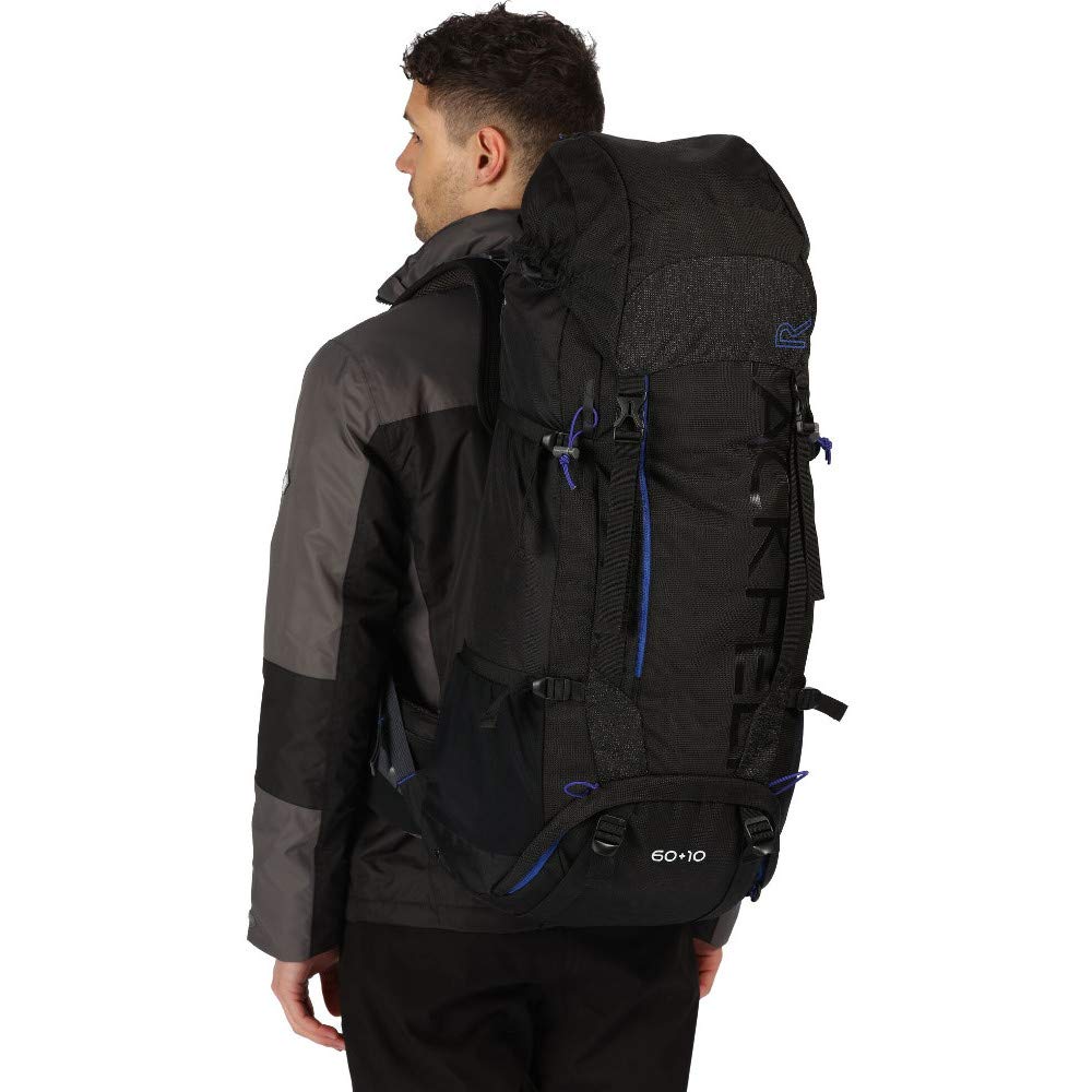 Regatta Unisex Blackfell 3 Expandable Reflective Hardwearing Travel Hiking Rucksack, Black/Surfspray, 60 + 10 Litre