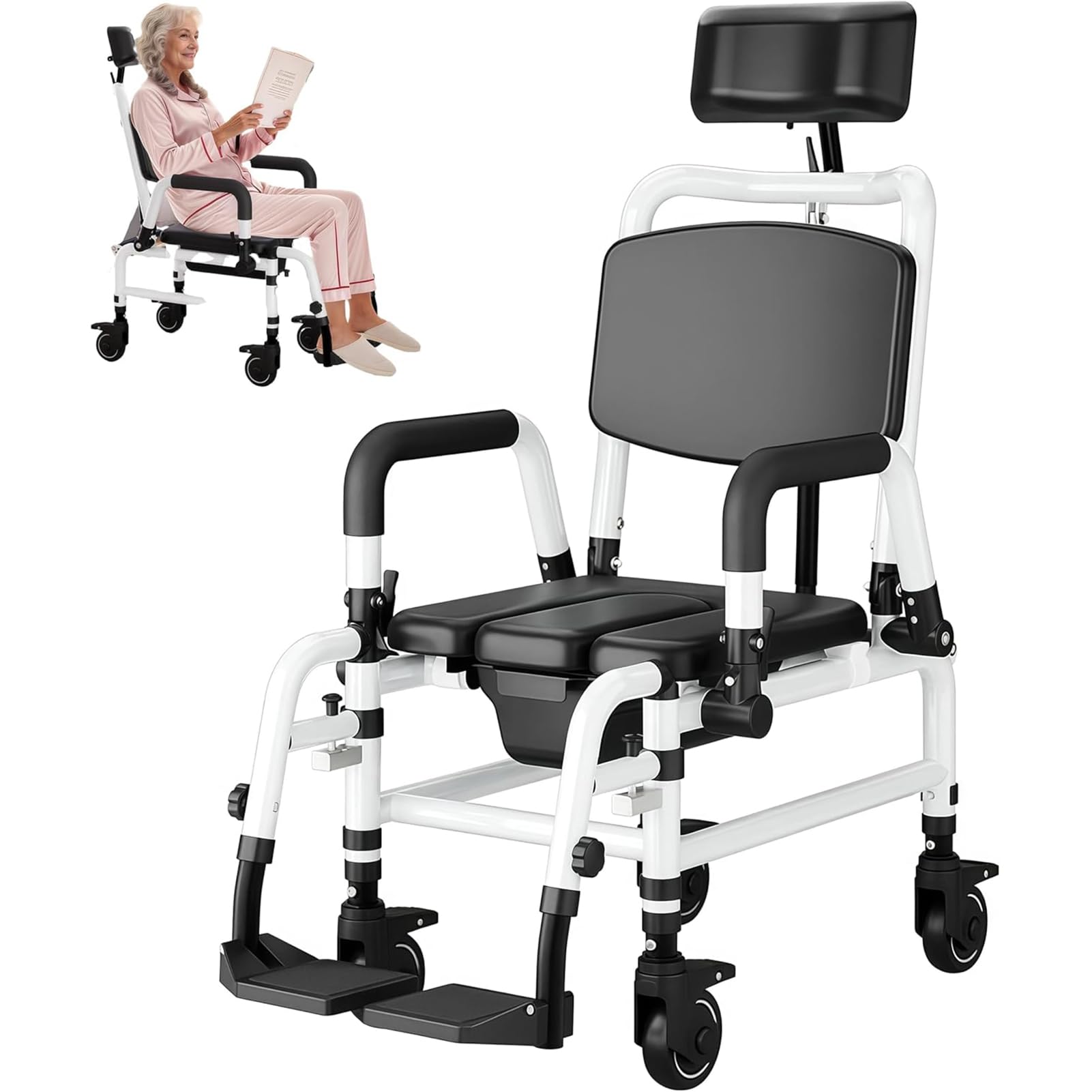 Silla de Ducha y WC con Ruedas, Silla de Transporte de Baño de Aleación de Aluminio, con Reposacabezas Ajustable y Asiento Acolchado, para Personas Mayores, con Discapacidad, Personas