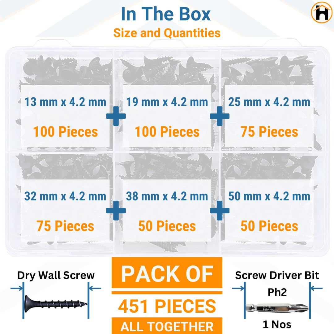 Homdum Assorted Black Dry Wall Screws 6 Sizes (13 mm to 50 mm) + Ph Bit 1 nos, (Pack of 451 Pieces) - Image 2 thumbnail