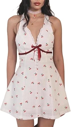 Halter Neck Mini Dress A Line Graphic Print Sundress V Neck Sexy Milkmaid Dress Sleeveless Bow Summer Vacation