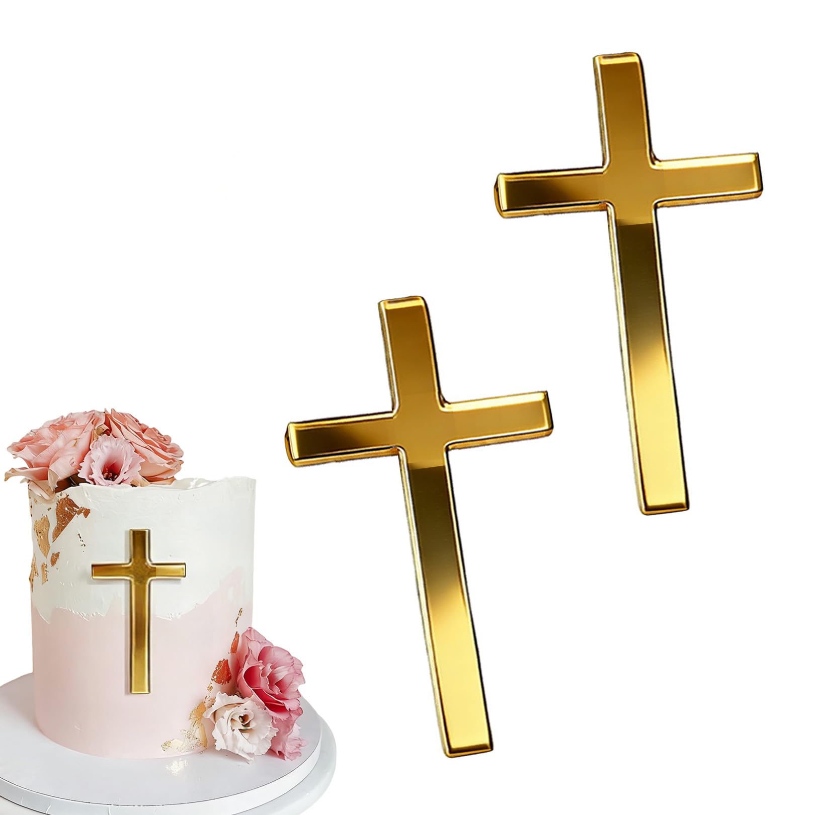 2 Stück Cake Topper Kommunion Tortendeko Kreuz Gold Cake Topper Taufe Tortendeko Tortenaufleger Kommunion Deko Torte Acryl Goldenes Kreuz Kuchen Deko für Kommunionfeier Taufe Konfirmation Hochzeit