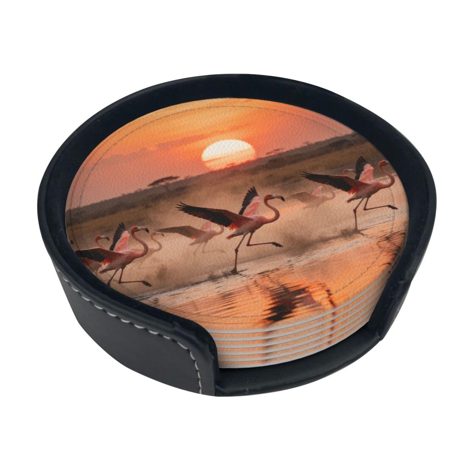 Flamingo pattern Leather Coasters-Set of 6 with Storage Holder