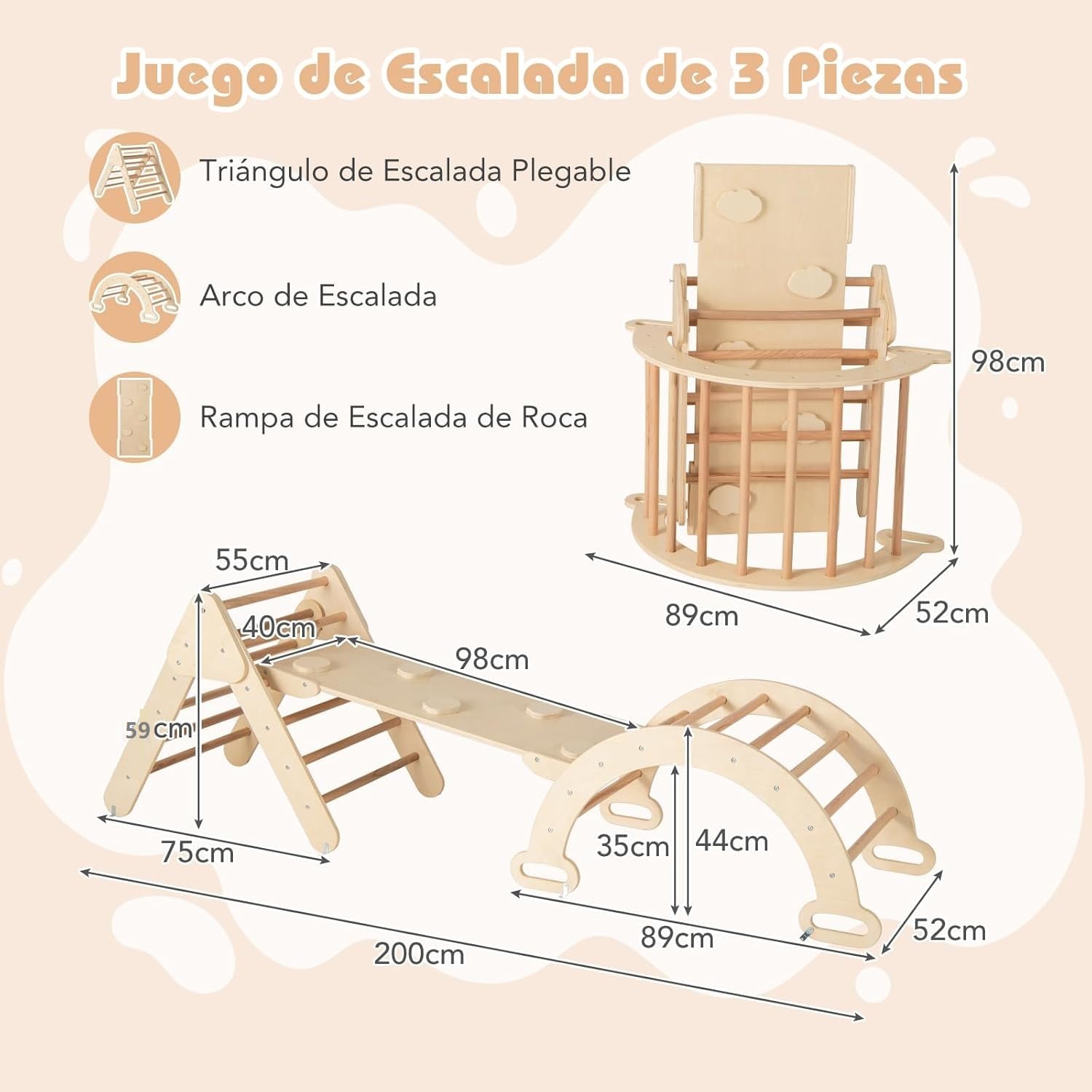 COSTWAY 7 en 1 Triángulo de Escalada de Madera para Niños, Juego de Escalada con Triángulo/Arco/Rampa para Deslizarse o Escalar, Set de Escalada Montessori para Niños 1+ Año, Natural (Ancho 55cm)