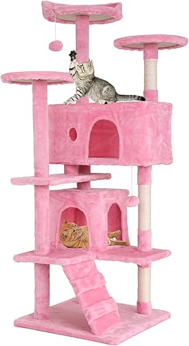 Torre de escalada para gatos de 54 pulgadas con poste rascador, casa de gatos, perca para gatitos, casa de juegos de madera, torre KittyTree para