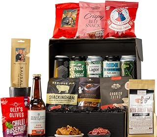 FodaBox Large Man Box Craft Beer Gift Set & Beer Snacks Hamper 6 Beers & 9 Snacks | Craft Beer & Snack Selection of Crackling, Crisps & Nuts - Beer Gifts For Men Birthday - Virtual Pub Gift Box