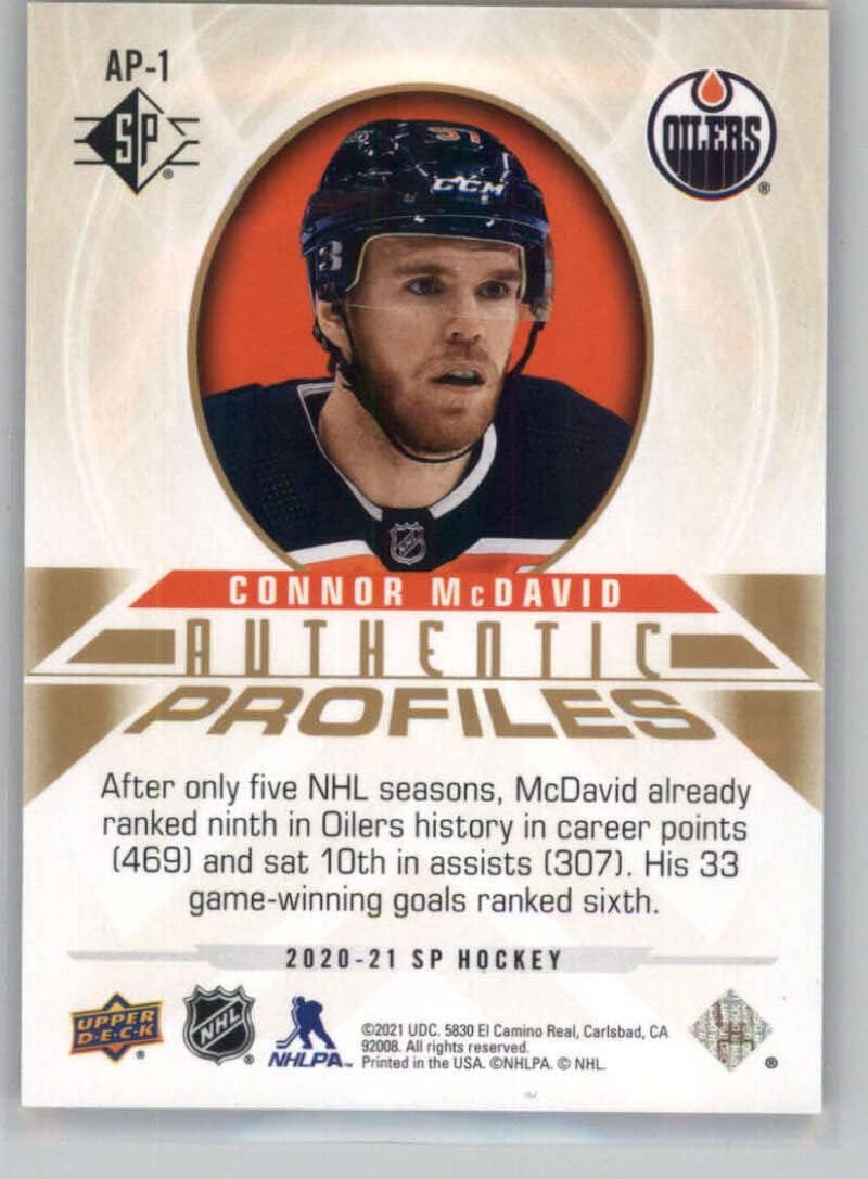2020-21 Upper Deck SP Authentic Profiles Pyrotechnic Gold #AP-1 Connor McDavid Edmonton Oilers Official NHL Hockey Card in Raw (NM or Better) Condition