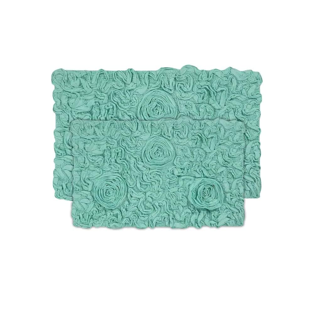 All Season Durable Turquoise Blue Cotton Bathroom Rugs Sets 2 Piece with Pretty Floral Tufted Pattern On Solid