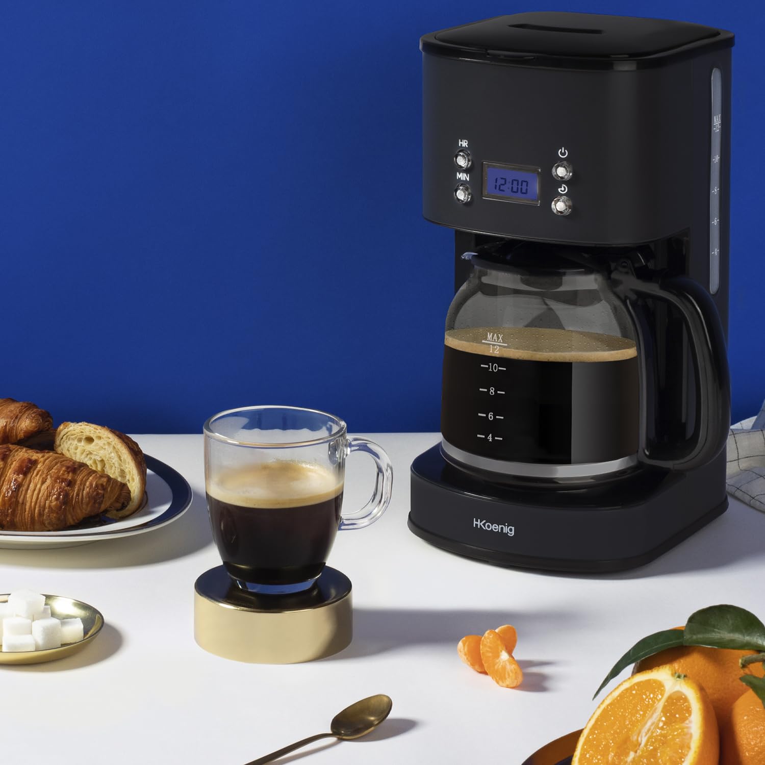 H.Koenig Cafetière Programmable MG32, Machine à café filtre, Réservoir à eau 1,5L (12 tasses), 1000W, Carafe en Verre Graduée, Ecran LCD, Corps en acier inoxydable, Noir