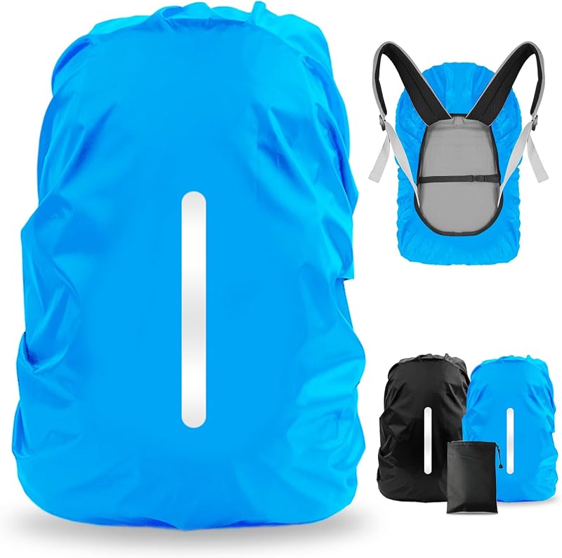 LAMA 2 Pack Waterproof Rain Cover for Backpack, Reflective Rucksack Rain Cover for Anti-Dust/Anti-Theft/Bicycling/Hiking/Camping, M Size (for 30L-40L Backpack), 1 Pcs Black + 1 Pcs Blue | LAMA Waterproof Rain Cover for Backpack, Reflective Rucksack Rain Cover with Carry Pouch