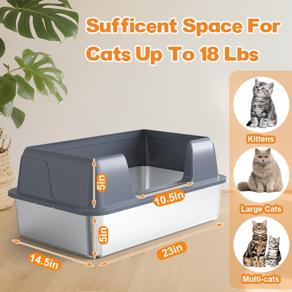 Condition photo showing New/Like New for vivifying stainless steel cat litter box, xl extra large semi-enclosed metal pan with side entry, scoop included, open top potty for indoor big cats & kitty, easy to clean & odor resistant (gray)